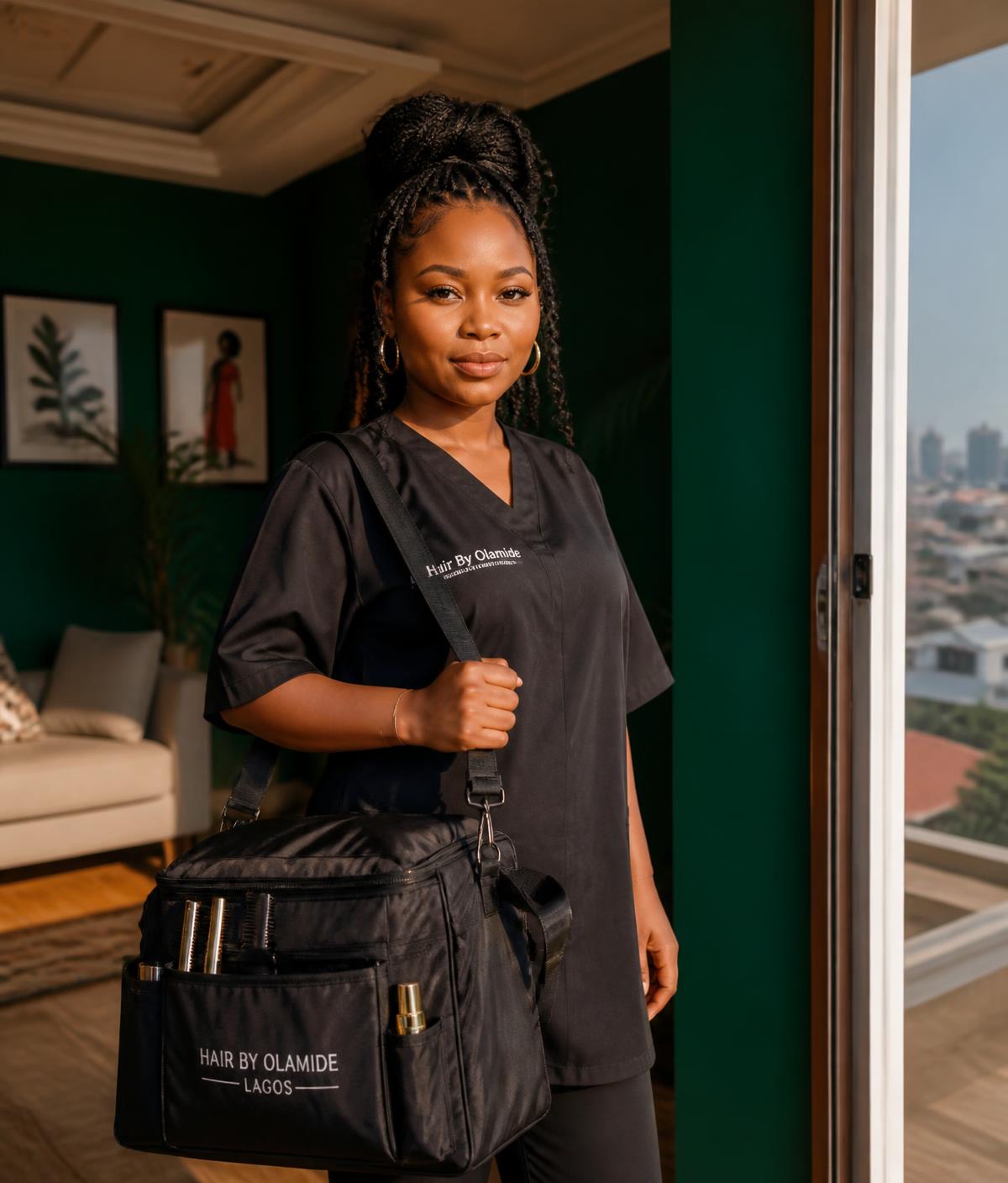 A professional hair stylist with her kit bag, ready for a home-service appointment