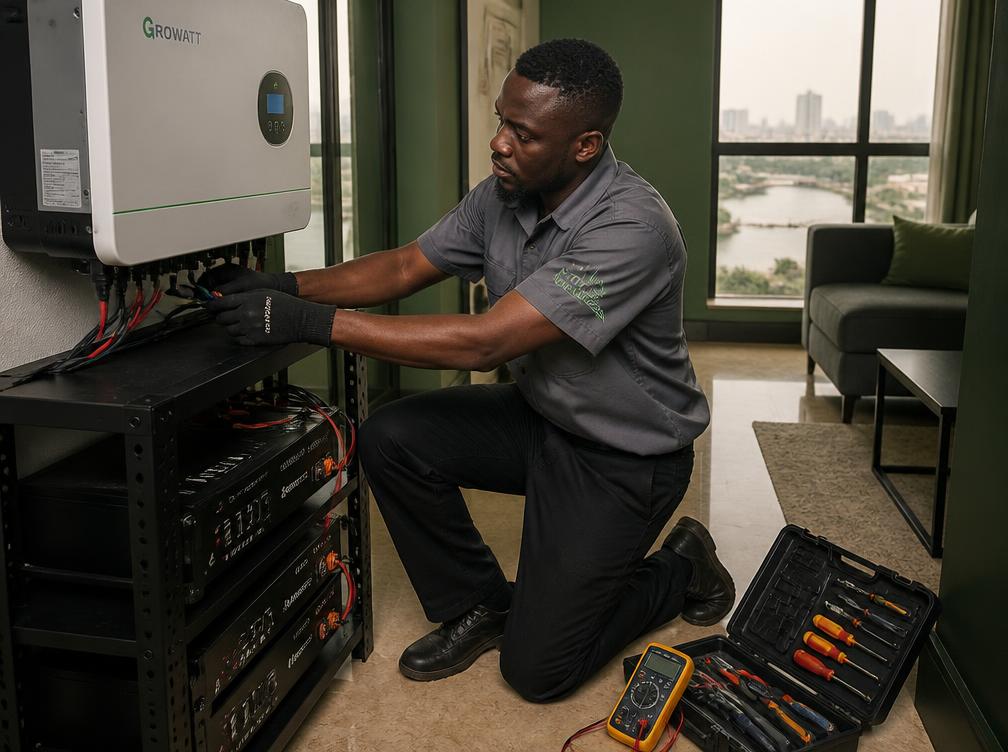 An electrician installing an inverter and battery rack in an apartment